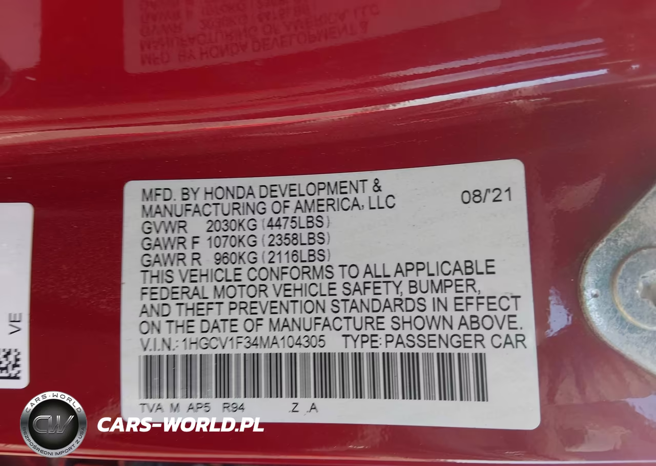 2021 Honda Accord Sport VIN:1HGCV1F34MA104305 - 9