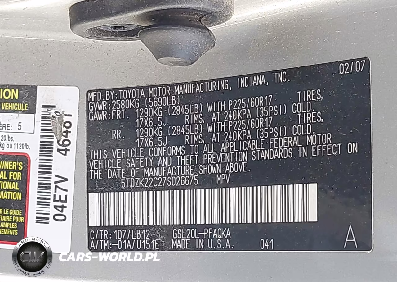 2007 Toyota Sienna Xle VIN:5TDZK22C27S026675 - 9