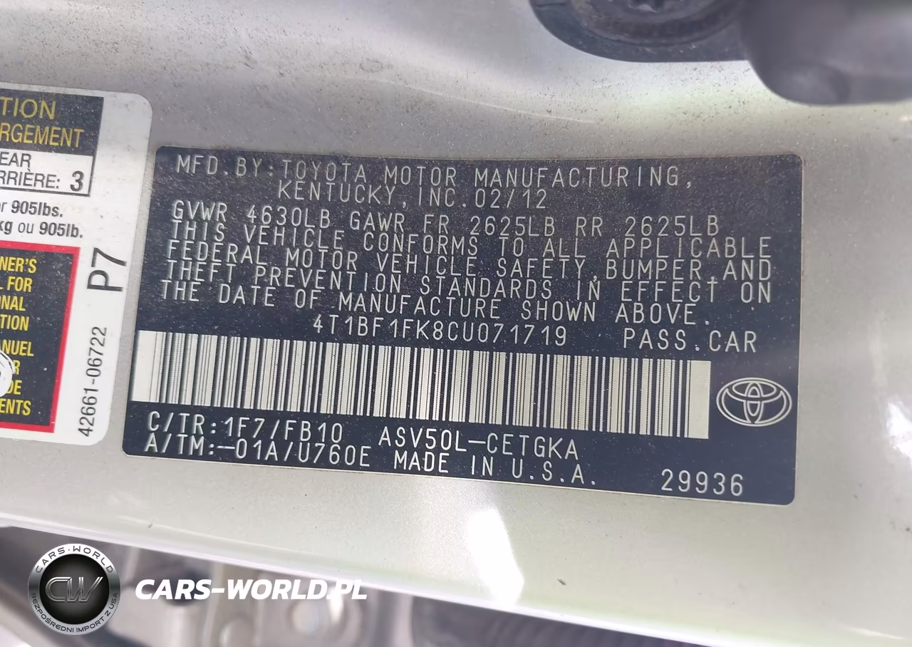 2012 Toyota Camry Xle VIN:4T1BF1FK8CU071719 - 9