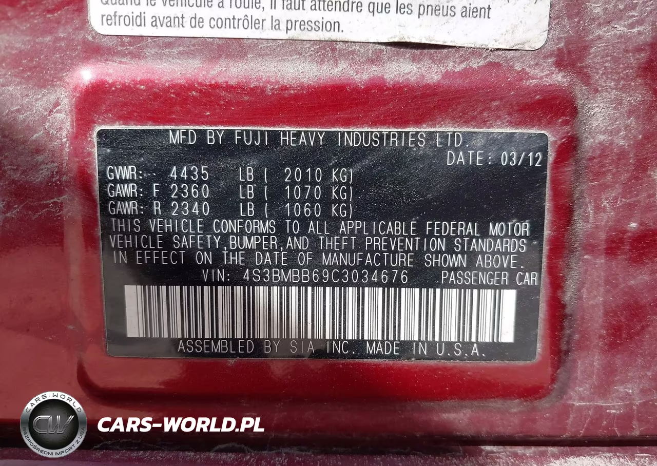 2012 Subaru Legacy 2.5I Premium VIN:4S3BMBB69C3034676 - 9
