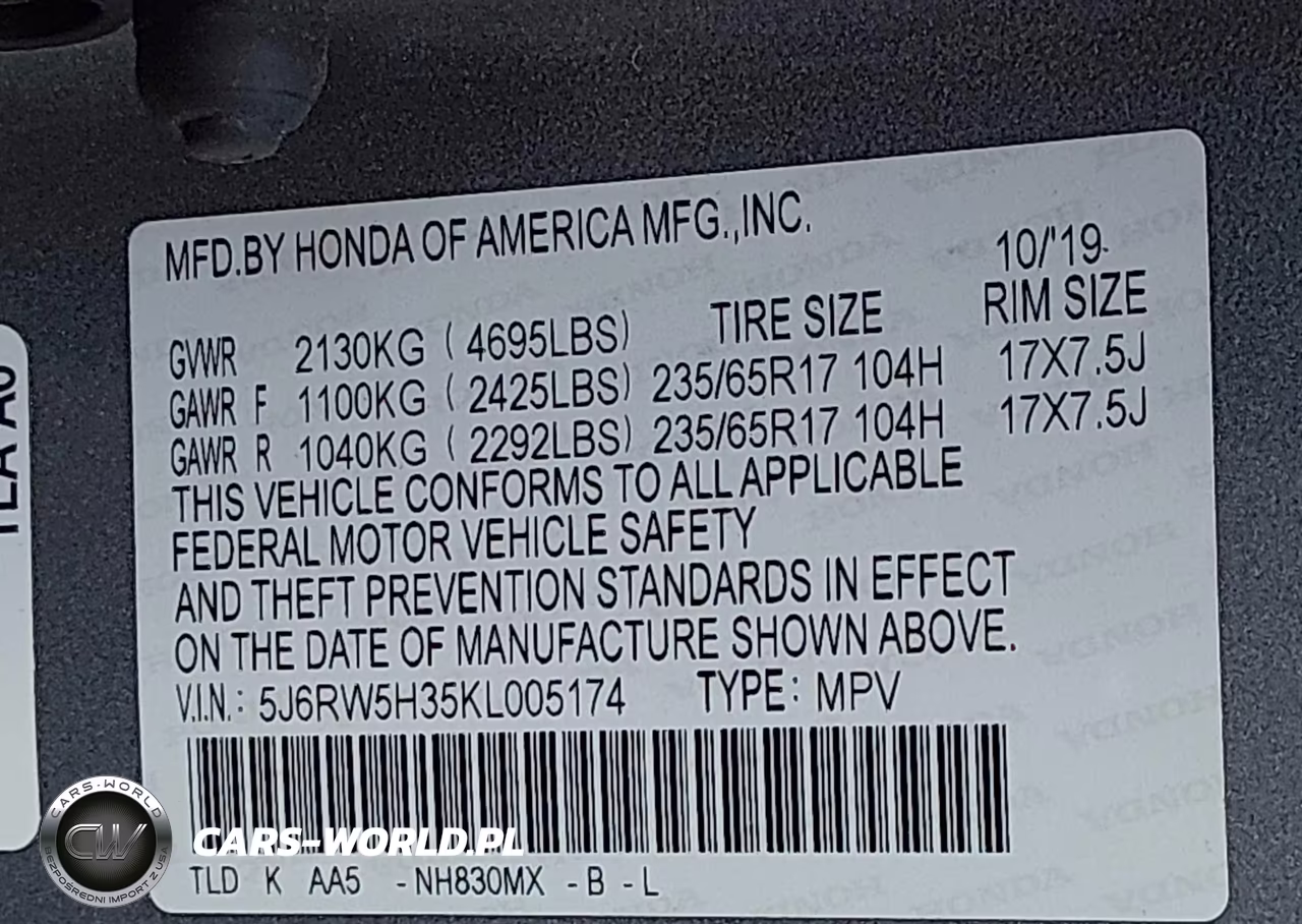 2019 Honda Cr-V Lx VIN:5J6RW5H35KL005174 - 9