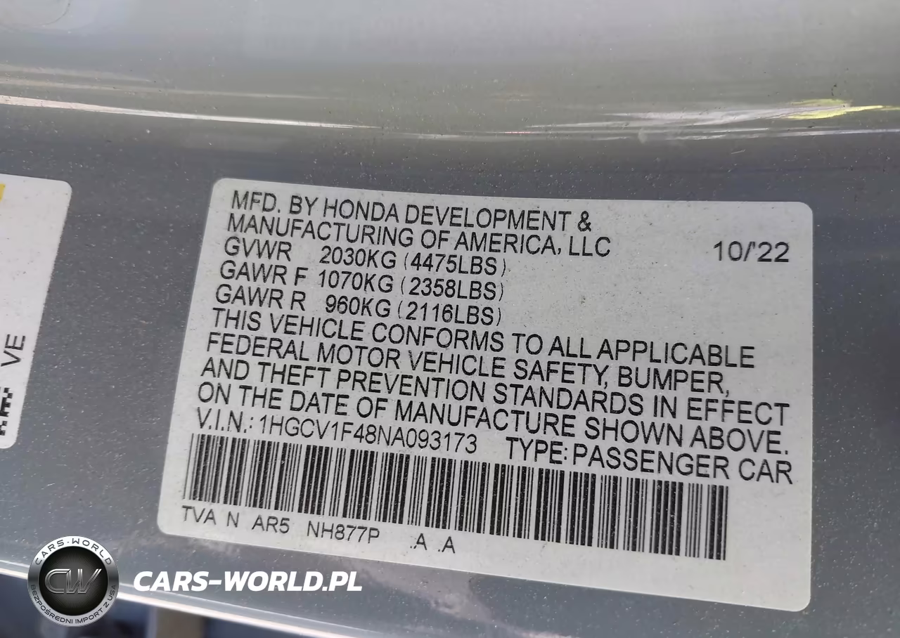 2022 Honda Accord Sport Special Edition VIN:1HGCV1F48NA093173 - 9