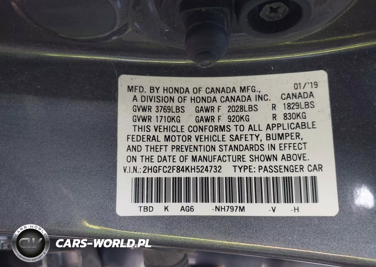 2019 Honda Civic Sport VIN:2HGFC2F84KH524732 - 9