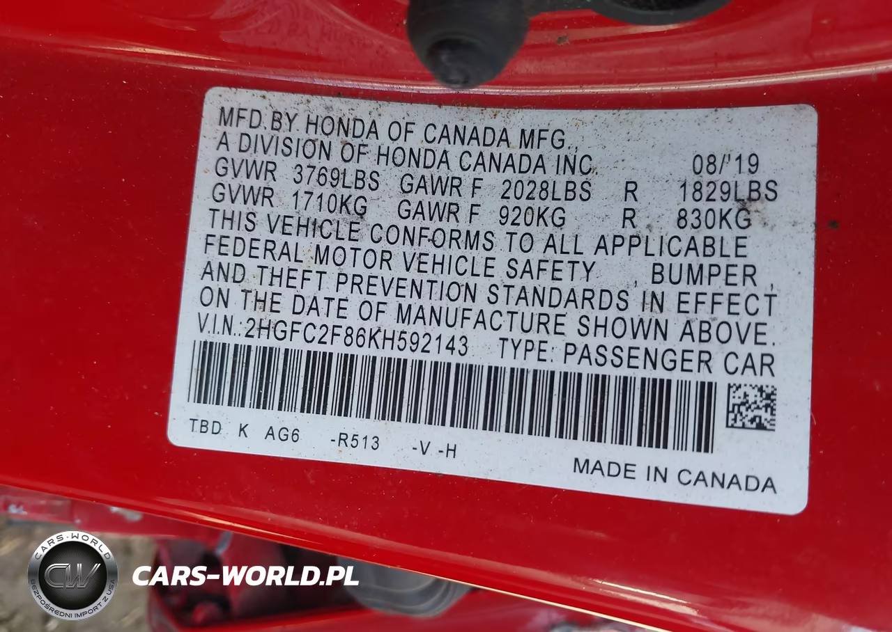 2019 Honda Civic Sport VIN:2HGFC2F86KH592143 - 9
