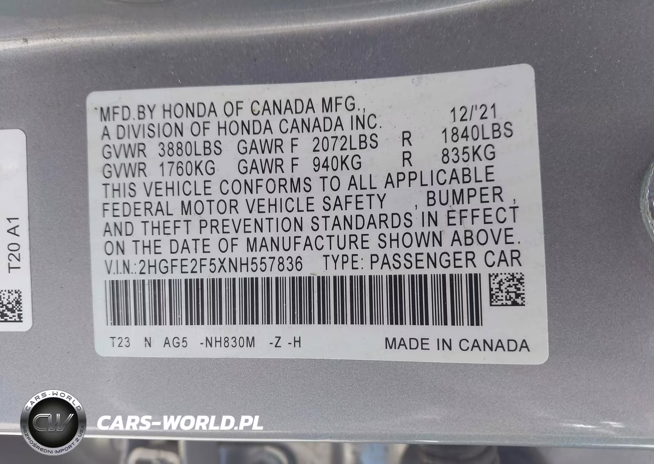 2022 Honda Civic Sport VIN:2HGFE2F5XNH557836 - 9