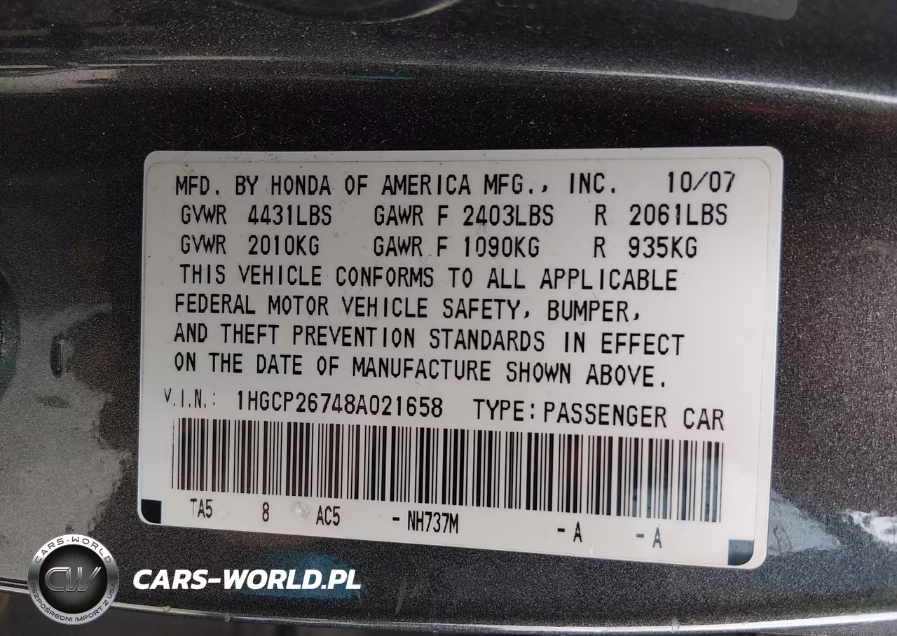 2008 Honda Accord 2.4 Ex VIN:1HGCP26748A021658 - 9