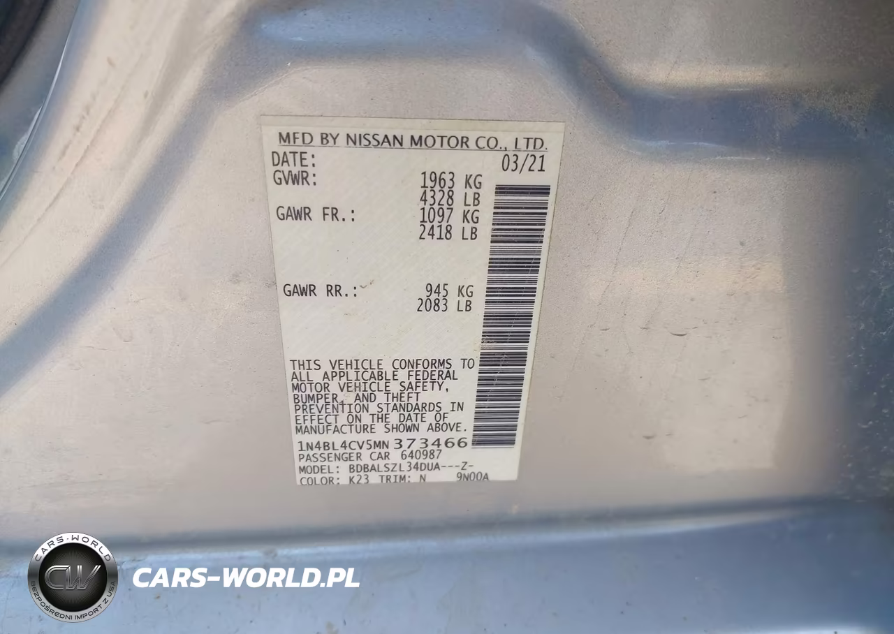 2021 Nissan Altima Sr Fwd VIN:1N4BL4CV5MN373466 - 9