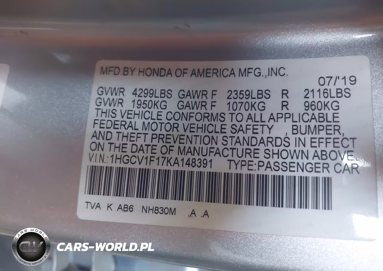 2019 Honda Accord Lx VIN:1HGCV1F17KA148391 - 9