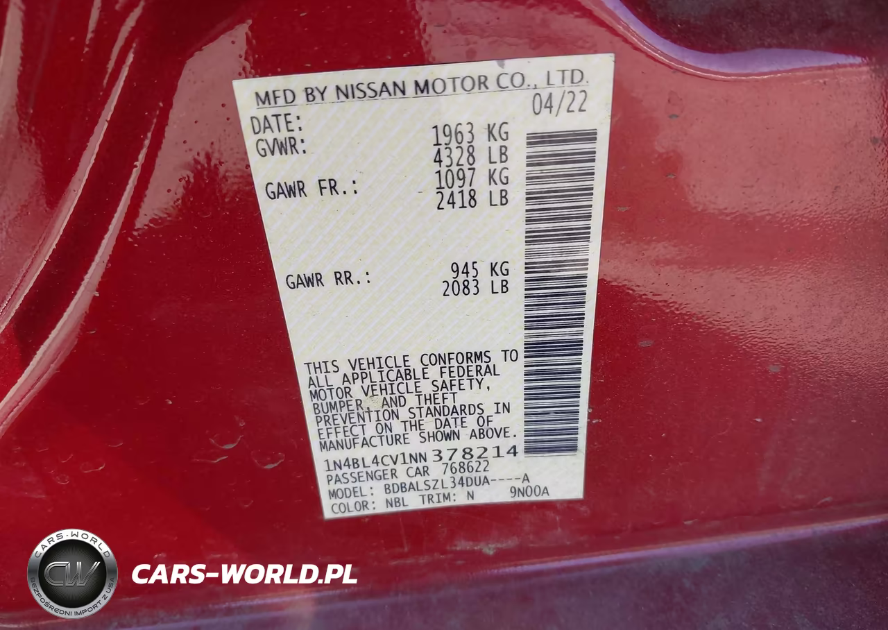 2022 Nissan Altima Sr Fwd VIN:1N4BL4CV1NN378214 - 9