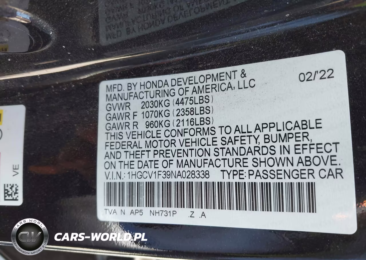 2022 Honda Accord Sport VIN:1HGCV1F39NA028338 - 9
