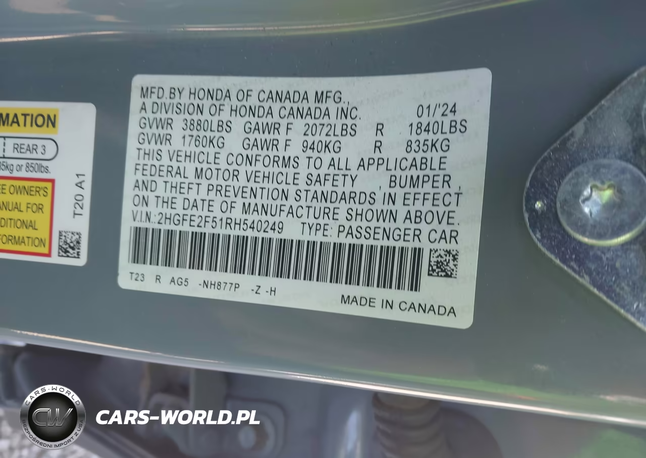 2024 Honda Civic Sport VIN:2HGFE2F51RH540249 - 9
