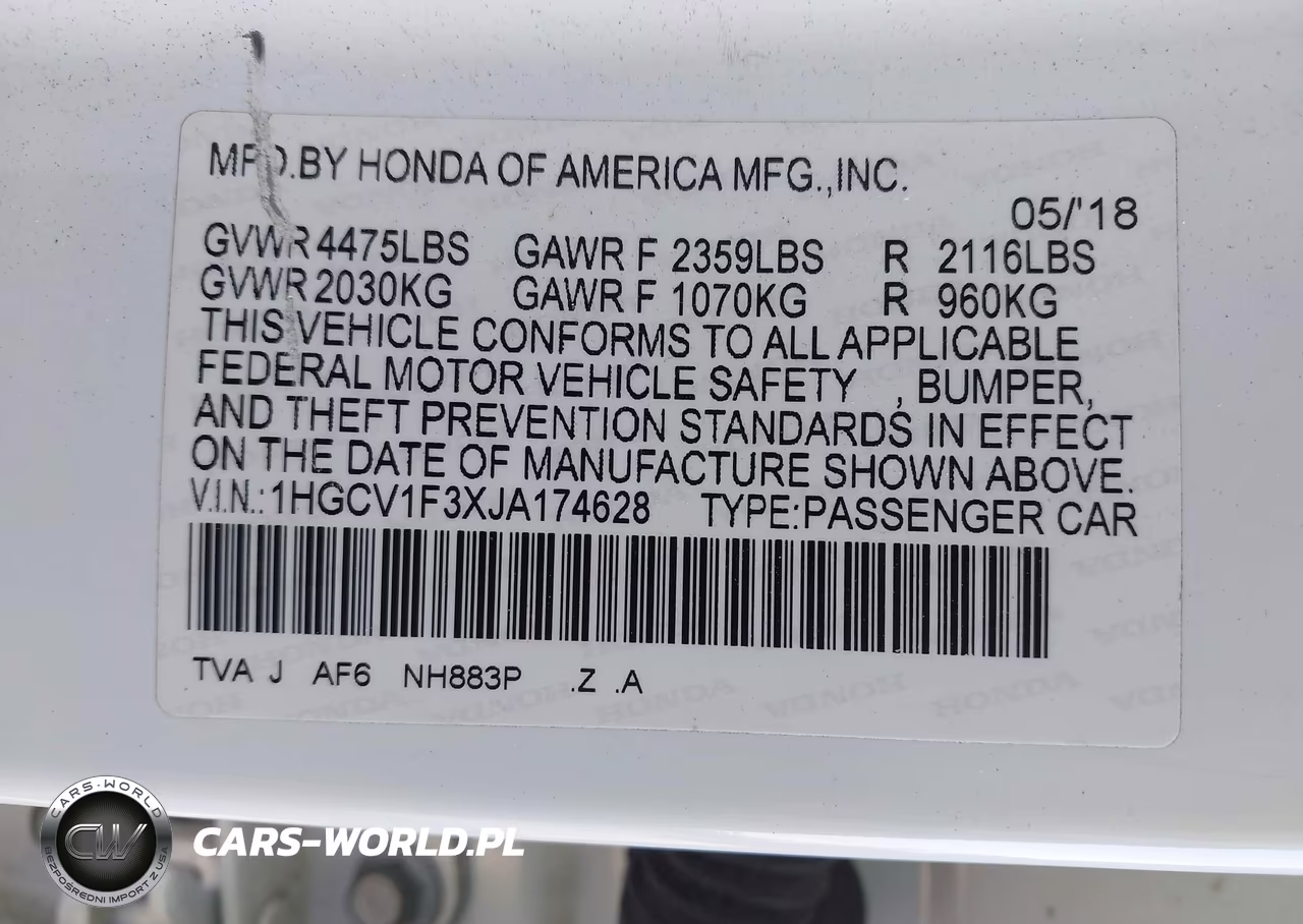2018 Honda Accord Sport VIN:1HGCV1F3XJA174628 - 9