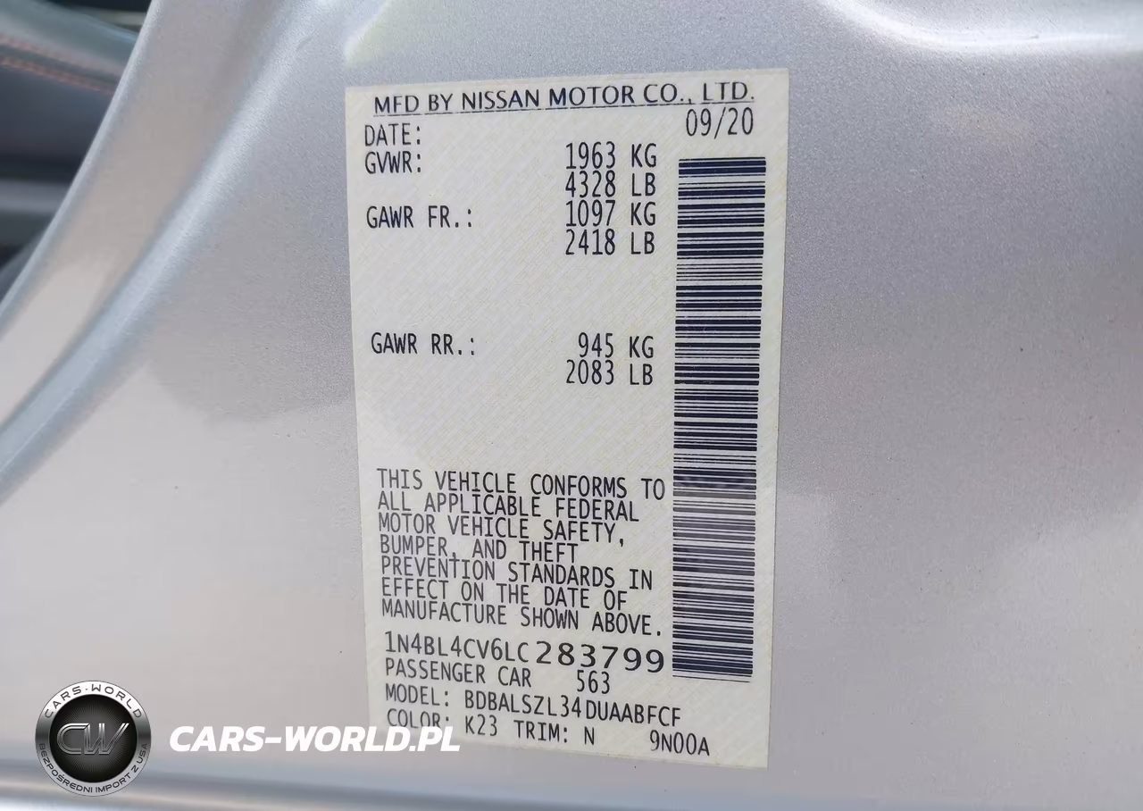 2020 Nissan Altima Sr Fwd VIN:1N4BL4CV6LC283799 - 9