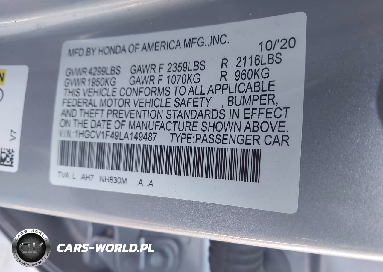 2020 Honda Accord Ex VIN:1HGCV1F49LA149487 - 9
