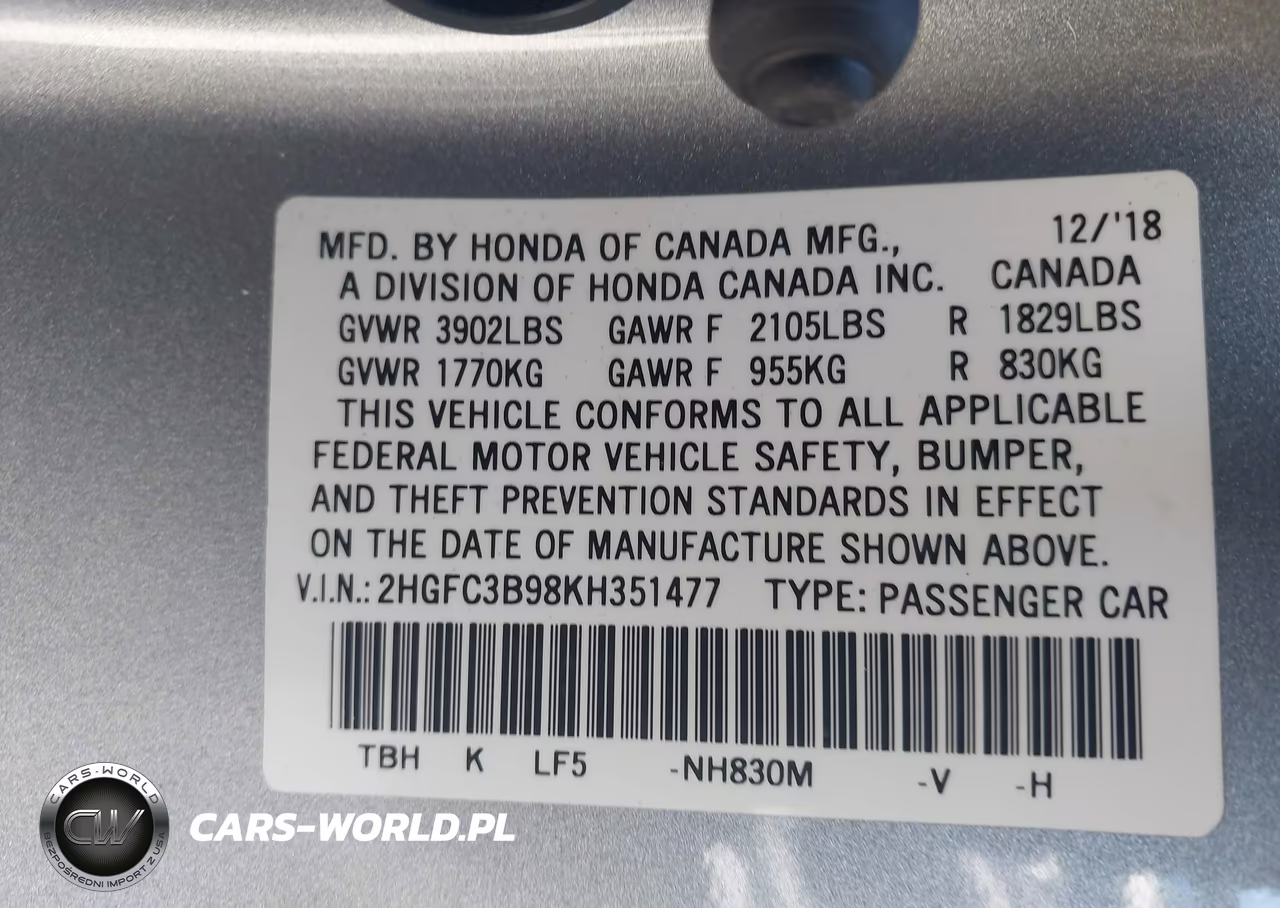 2019 Honda Civic Touring VIN:2HGFC3B98KH351477 - 9