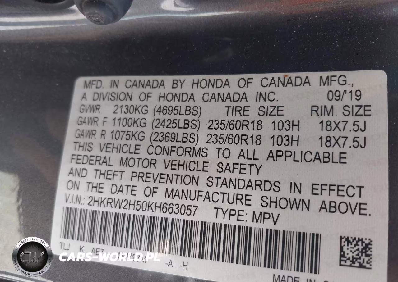 2019 Honda Cr-V Ex VIN:2HKRW2H50KH663057 - 9