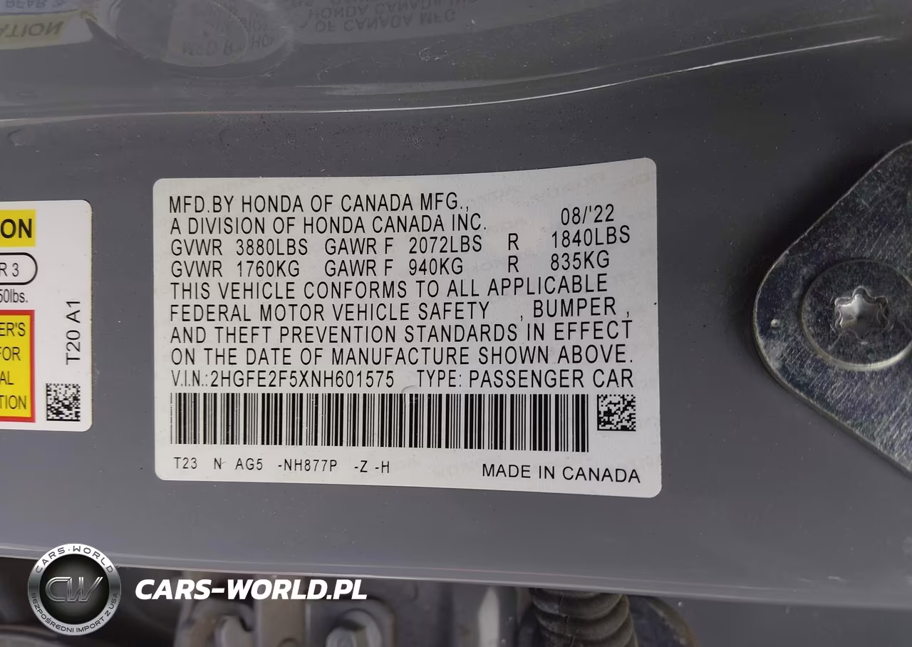 2022 Honda Civic Sport VIN:2HGFE2F5XNH601575 - 9