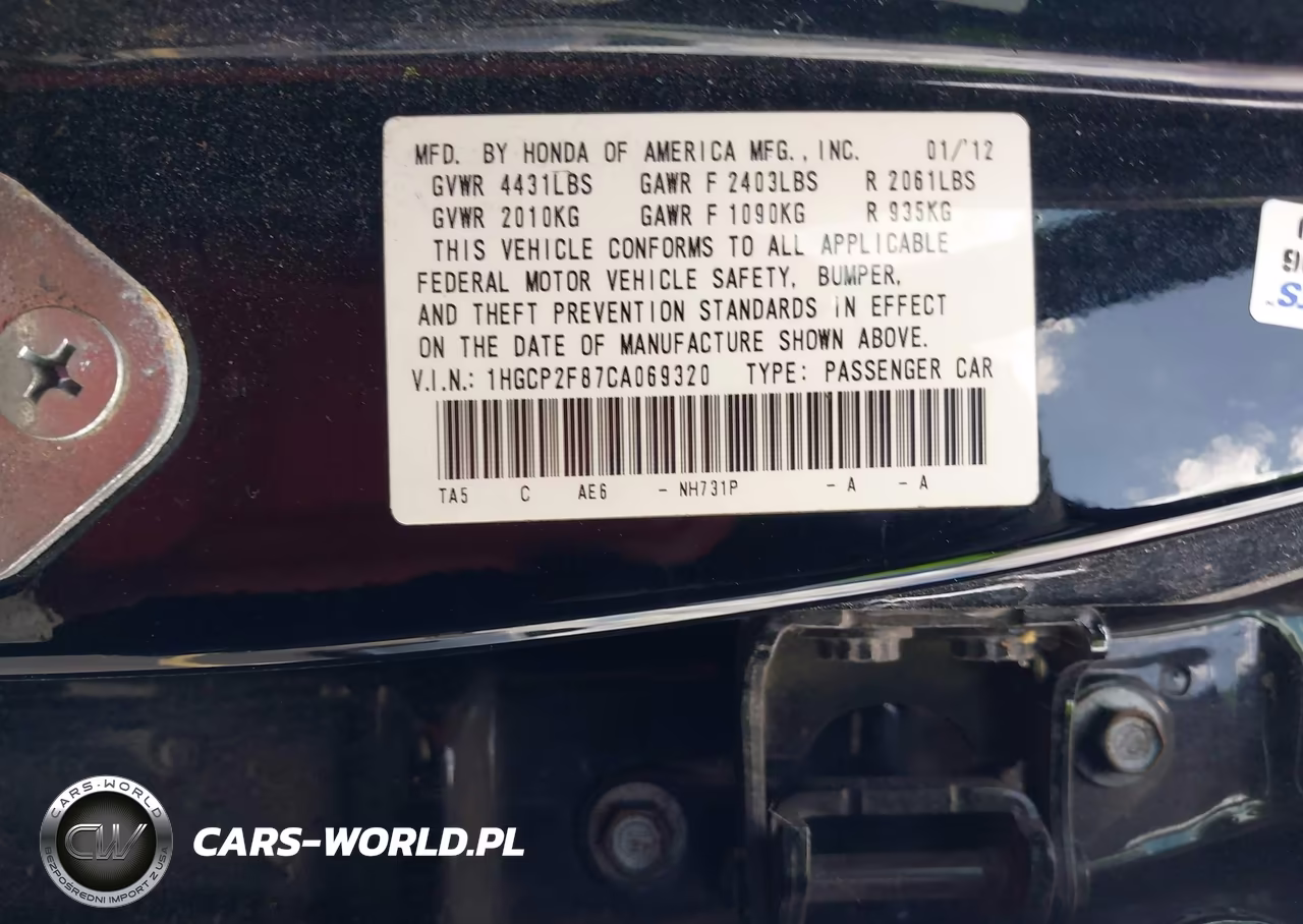 2012 Honda Accord 2.4 Ex-L VIN:1HGCP2F87CA069320 - 9
