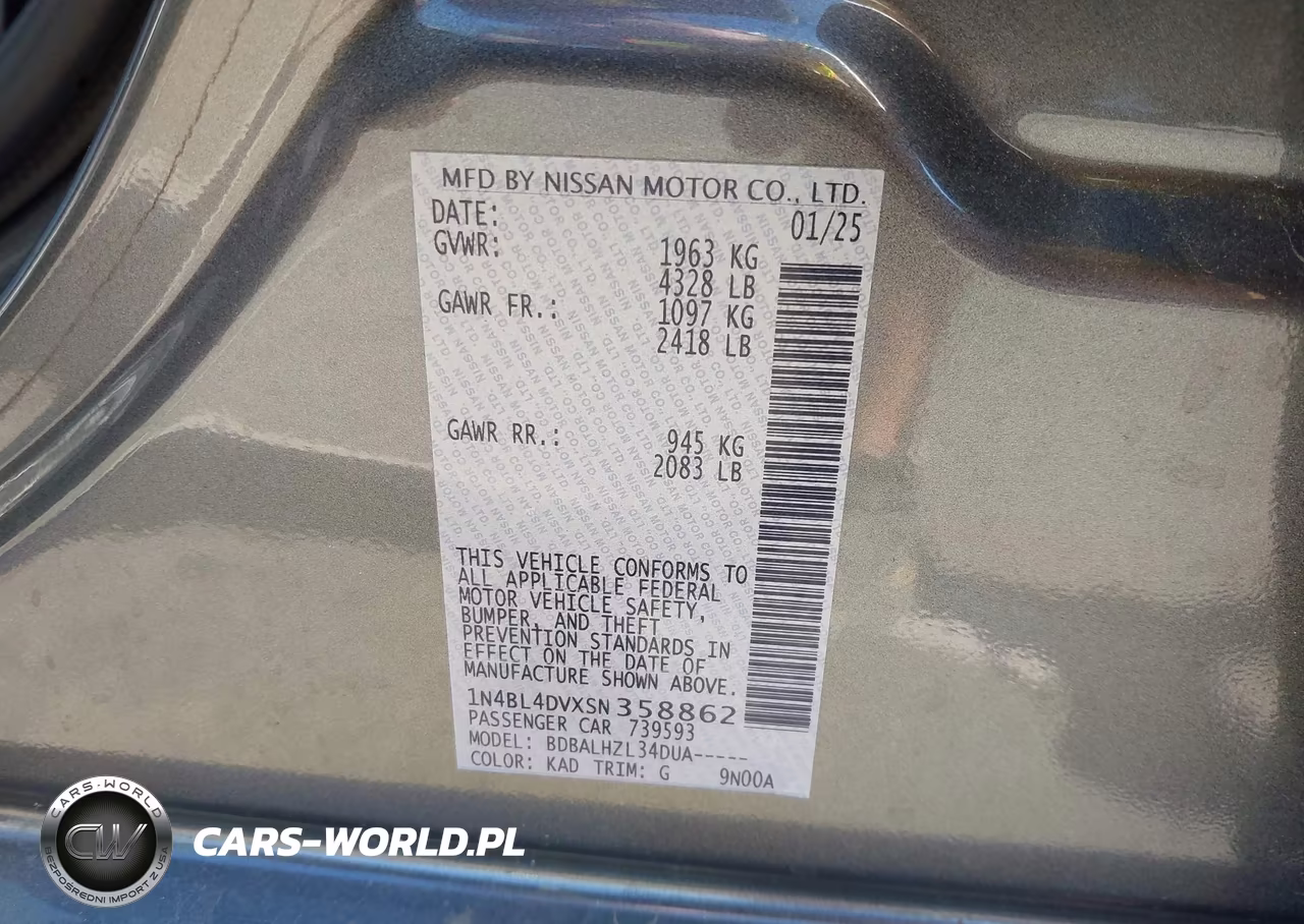 2025 Nissan Altima Sv Fwd VIN:1N4BL4DVXSN358862 - 9