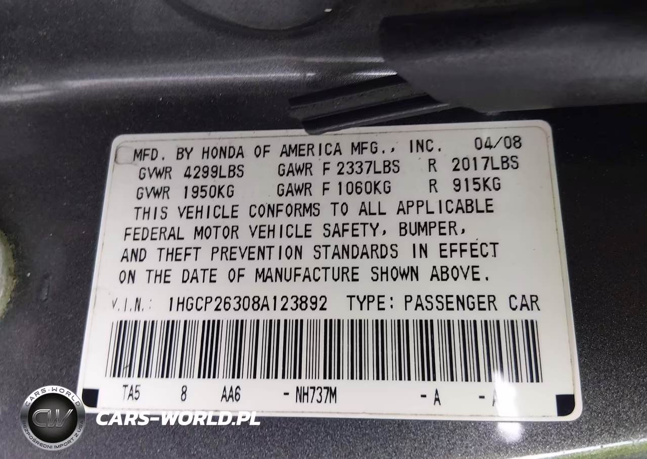 2008 Honda Accord 2.4 Lx VIN:1HGCP26308A123892 - 9