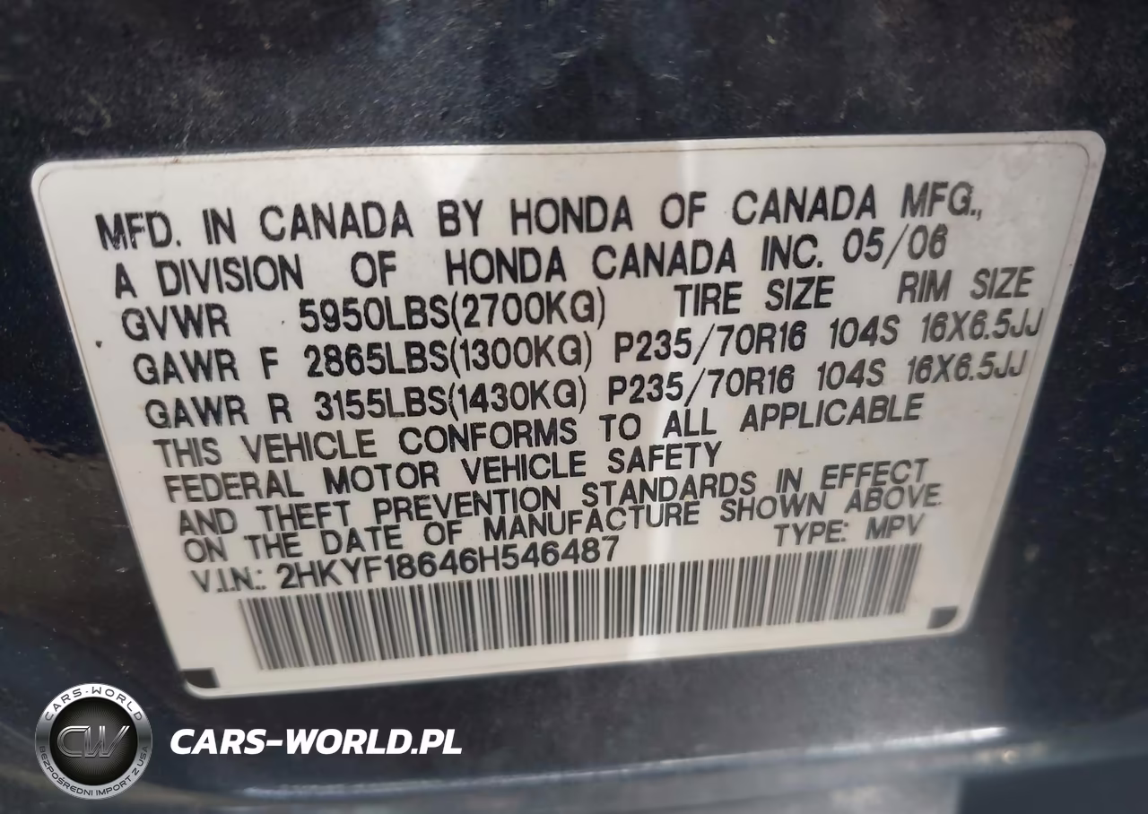 2006 Honda Pilot Ex-L VIN:2HKYF18646H546487 - 9