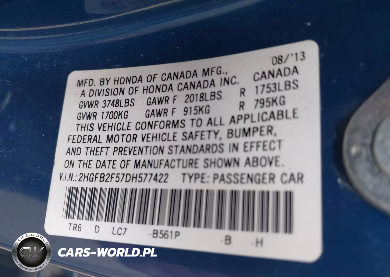 2013 Honda Civic Lx VIN:2HGFB2F57DH577422 - 9