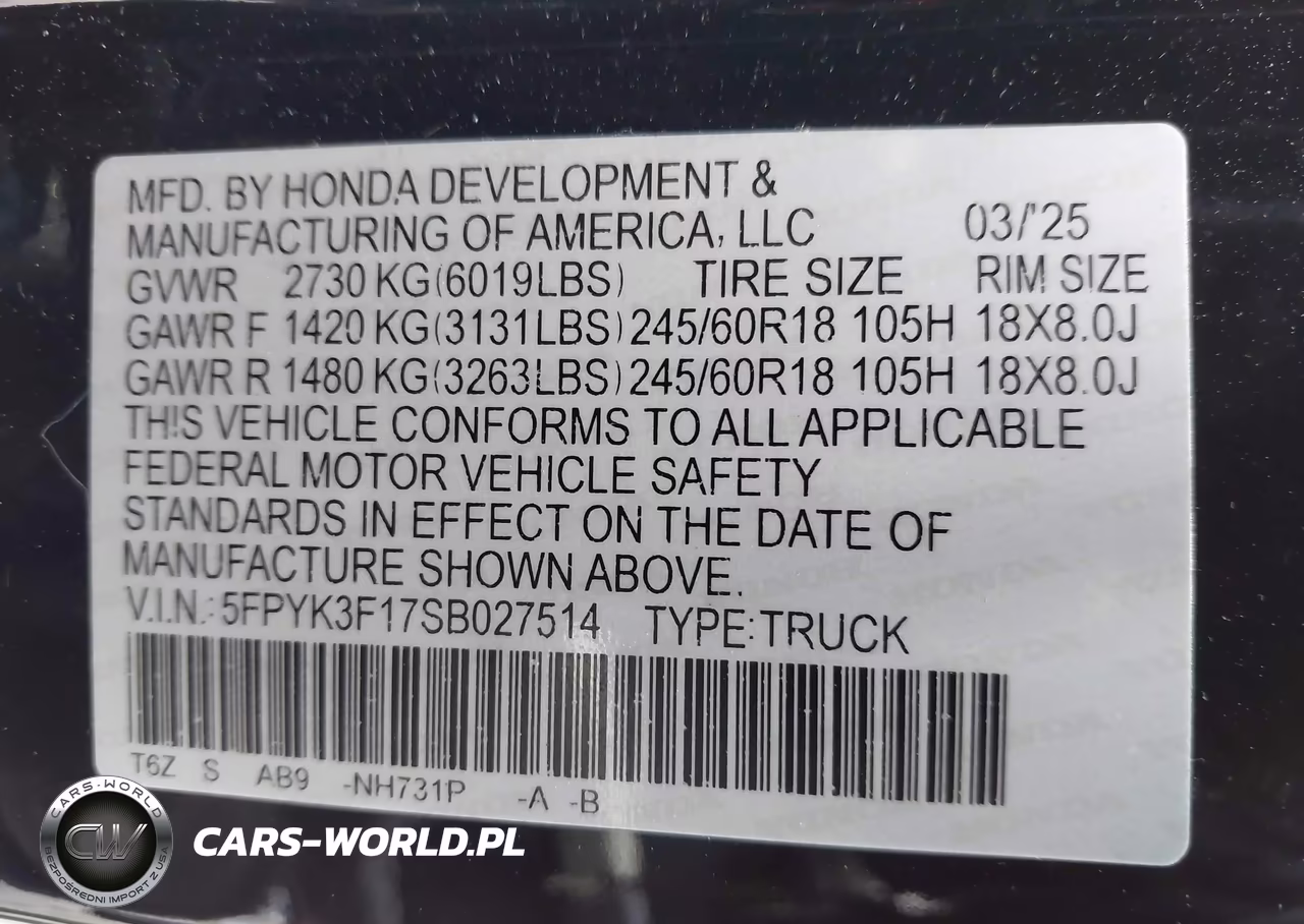 2025 Honda Ridgeline Sport VIN:5FPYK3F17SB027514 - 9