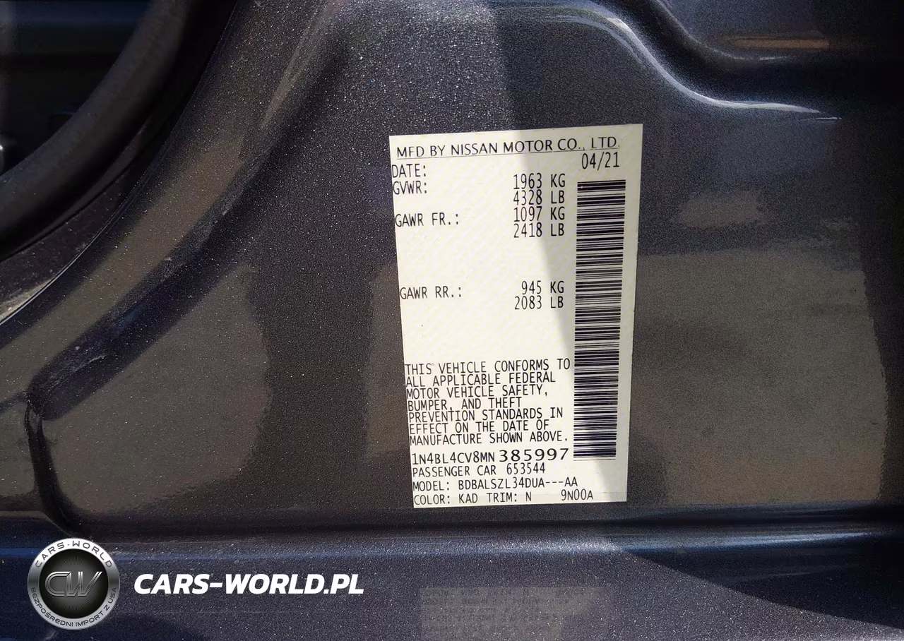 2021 Nissan Altima Sr Fwd VIN:1N4BL4CV8MN385997 - 9