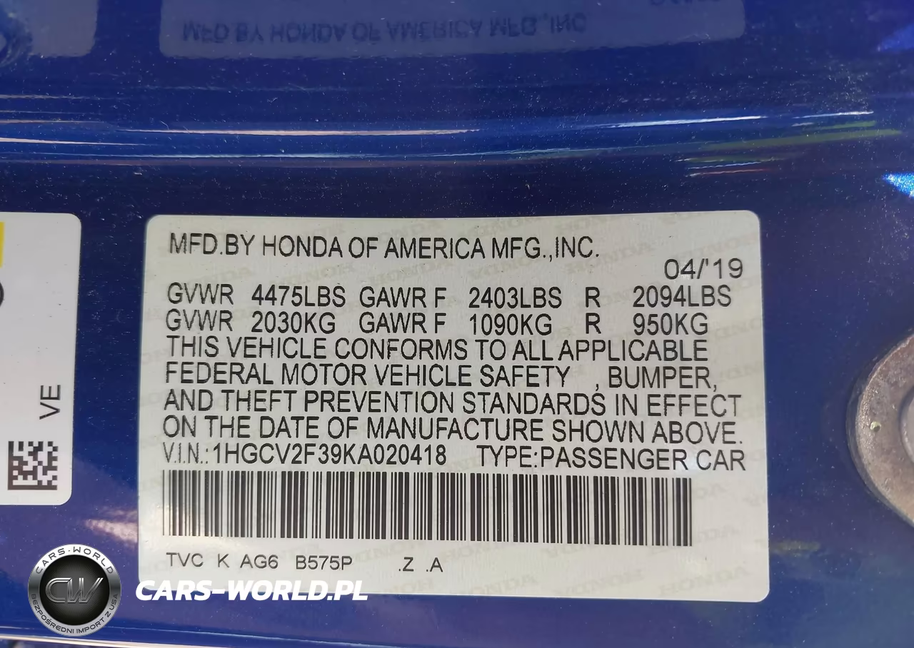2019 Honda Accord Sport 2.0T VIN:1HGCV2F39KA020418 - 9