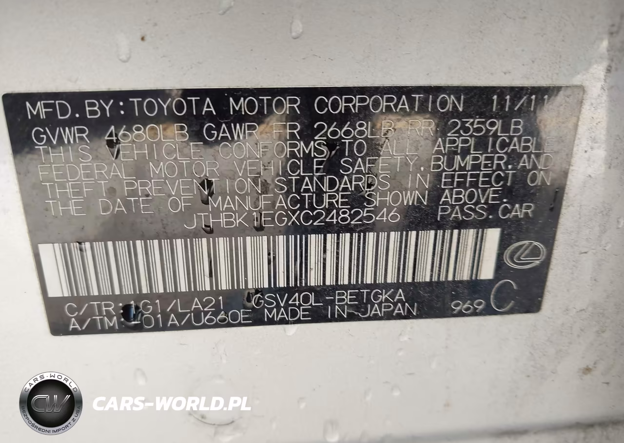 2012 Lexus Es 350 VIN:JTHBK1EGXC2482546 - 9