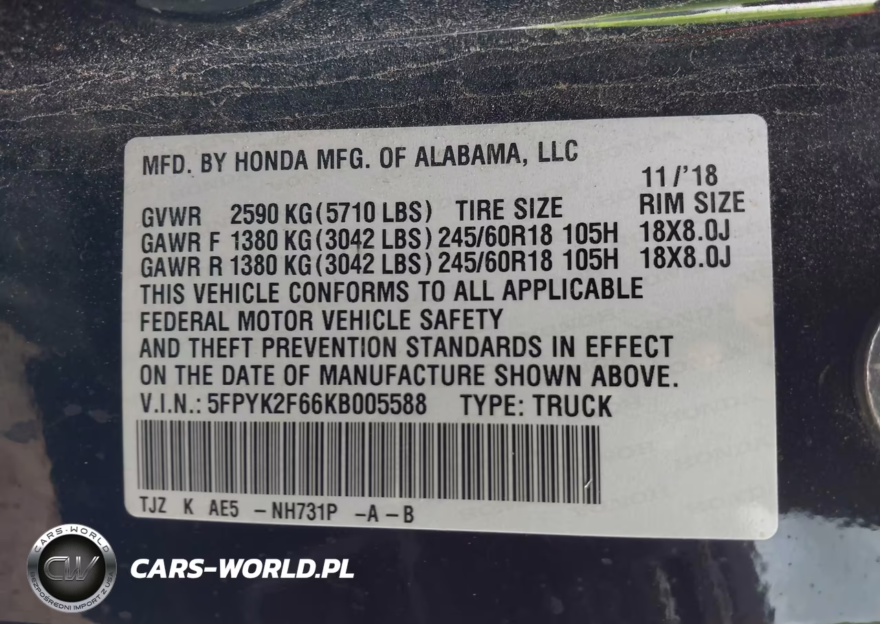 2019 Honda Ridgeline Rtl-T VIN:5FPYK2F66KB005588 - 9