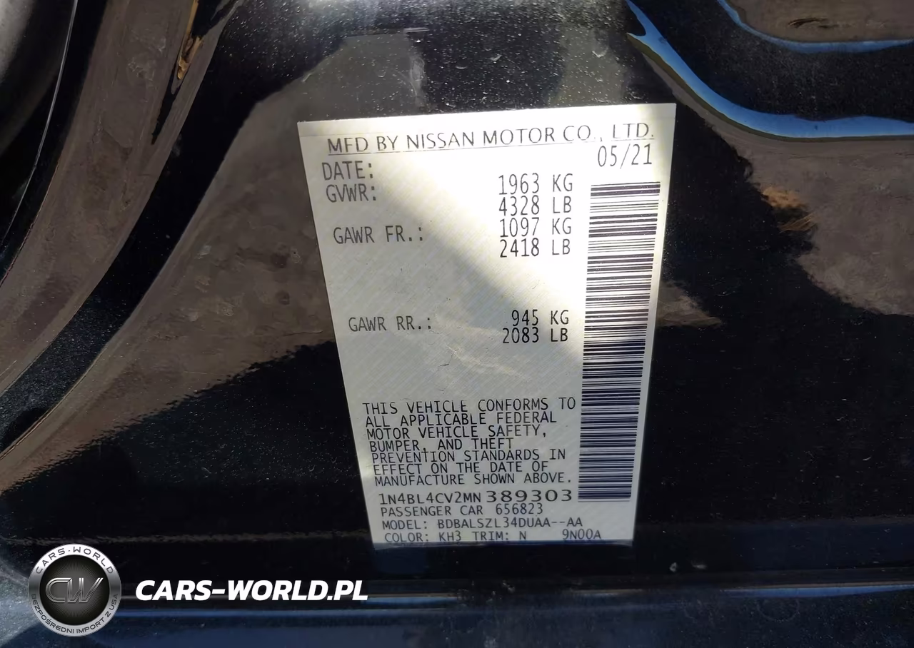 2021 Nissan Altima Sr Fwd VIN:1N4BL4CV2MN389303 - 9