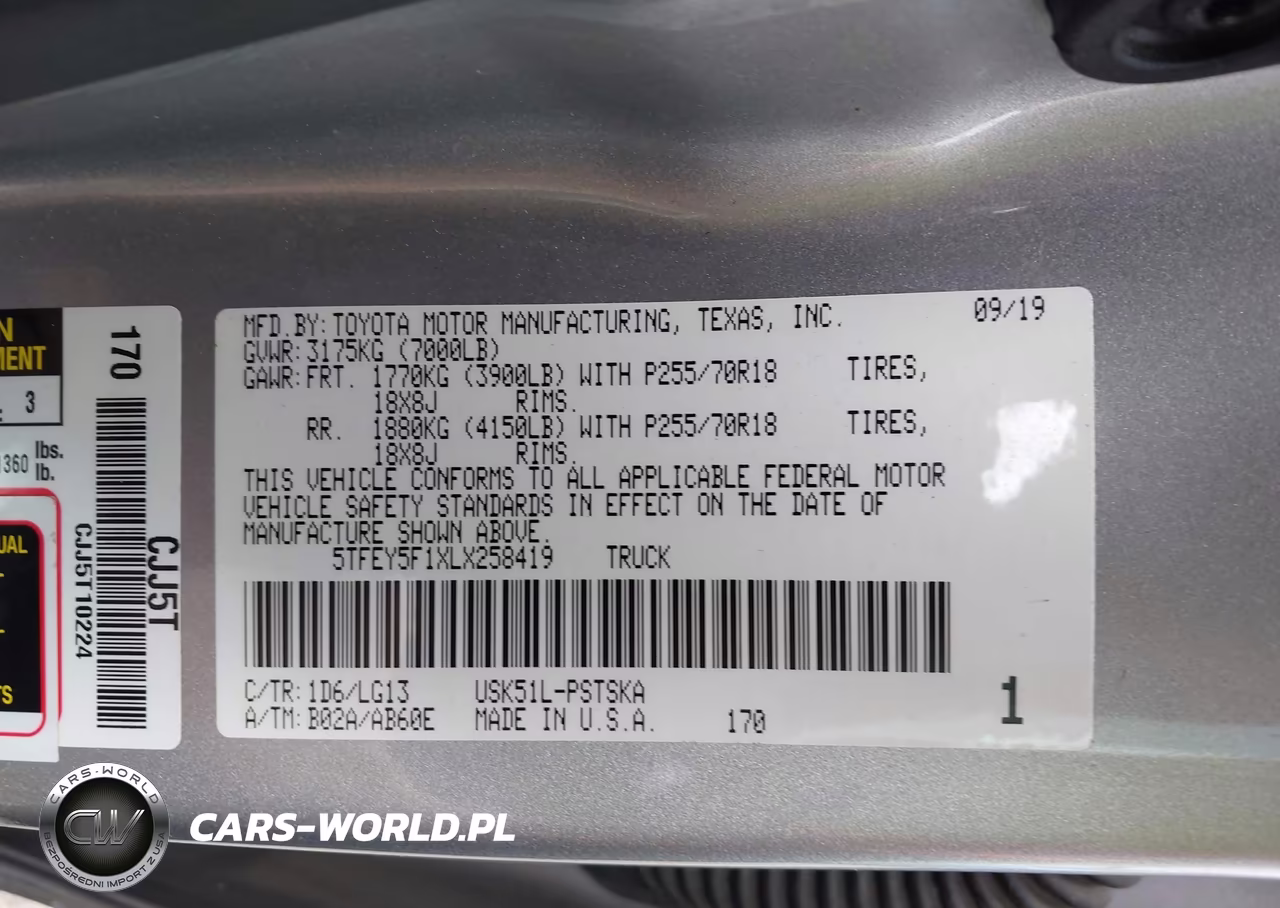 2020 Toyota Tundra Sr5 VIN:5TFEY5F1XLX258419 - 9