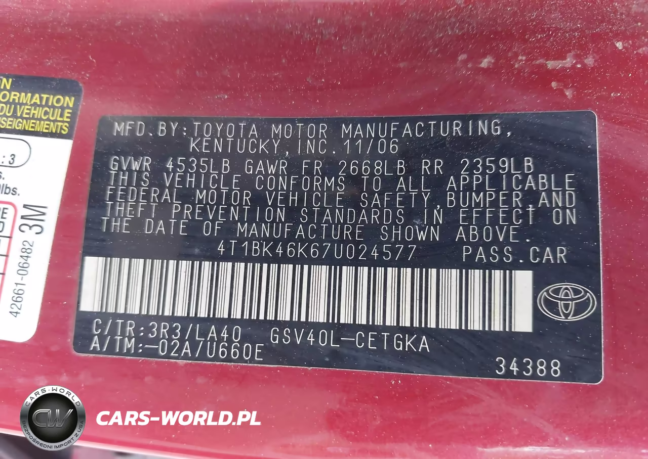 2007 Toyota Camry Xle V6 VIN:4T1BK46K67U024577 - 9