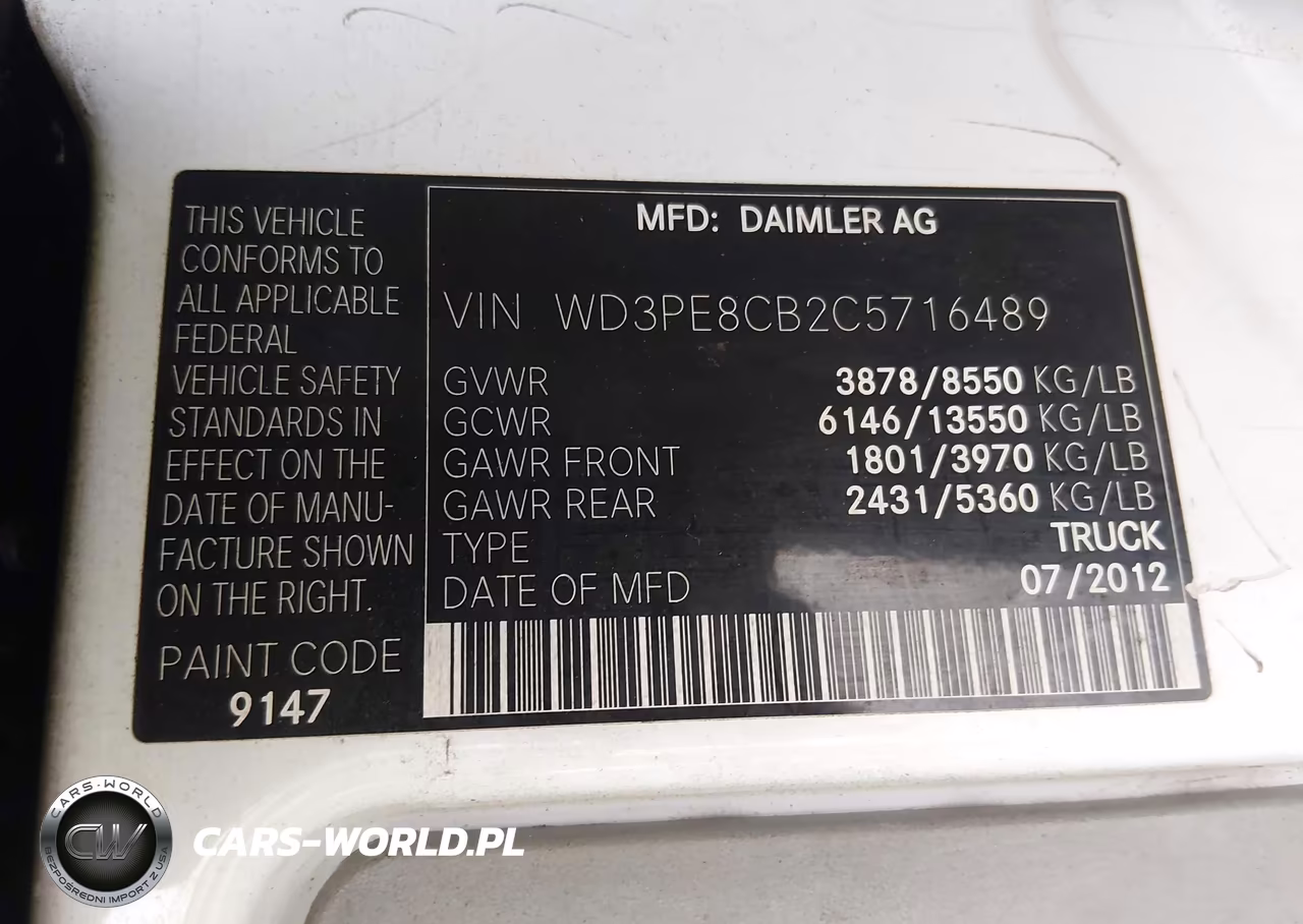 2012 Mercedes-Benz Sprinter 2500 High Roof VIN:WD3PE8CB2C5716489 - 9