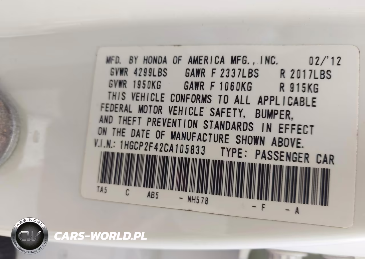 2012 Honda Accord 2.4 Lx-P VIN:1HGCP2F42CA105833 - 9