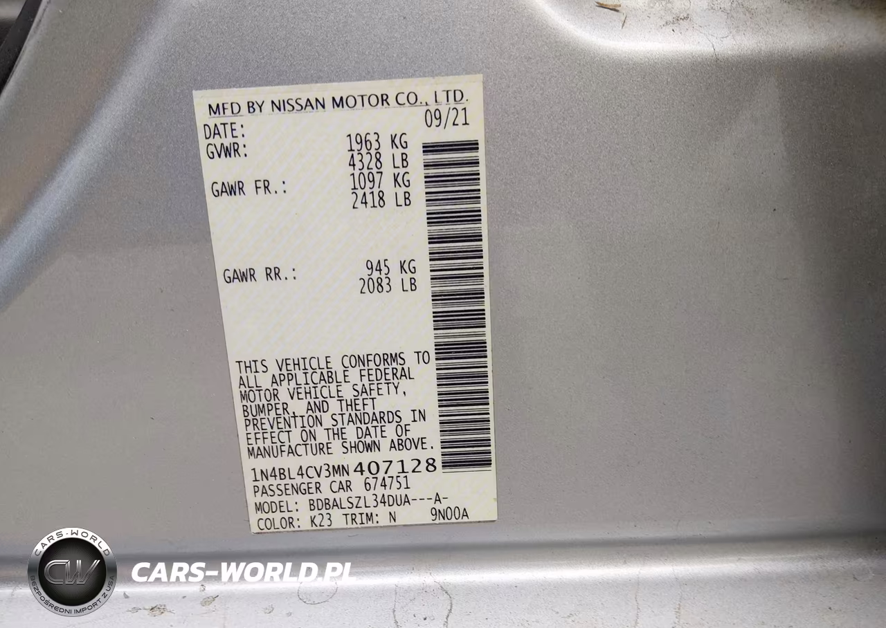 2021 Nissan Altima Sr Fwd VIN:1N4BL4CV3MN407128 - 9