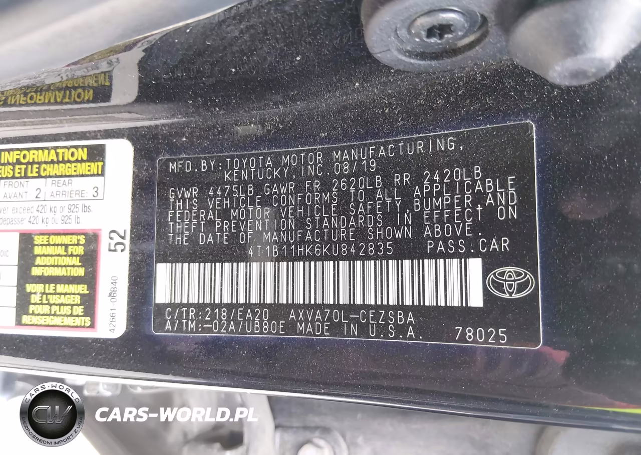 2019 Toyota Camry Se VIN:4T1B11HK6KU842835 - 9