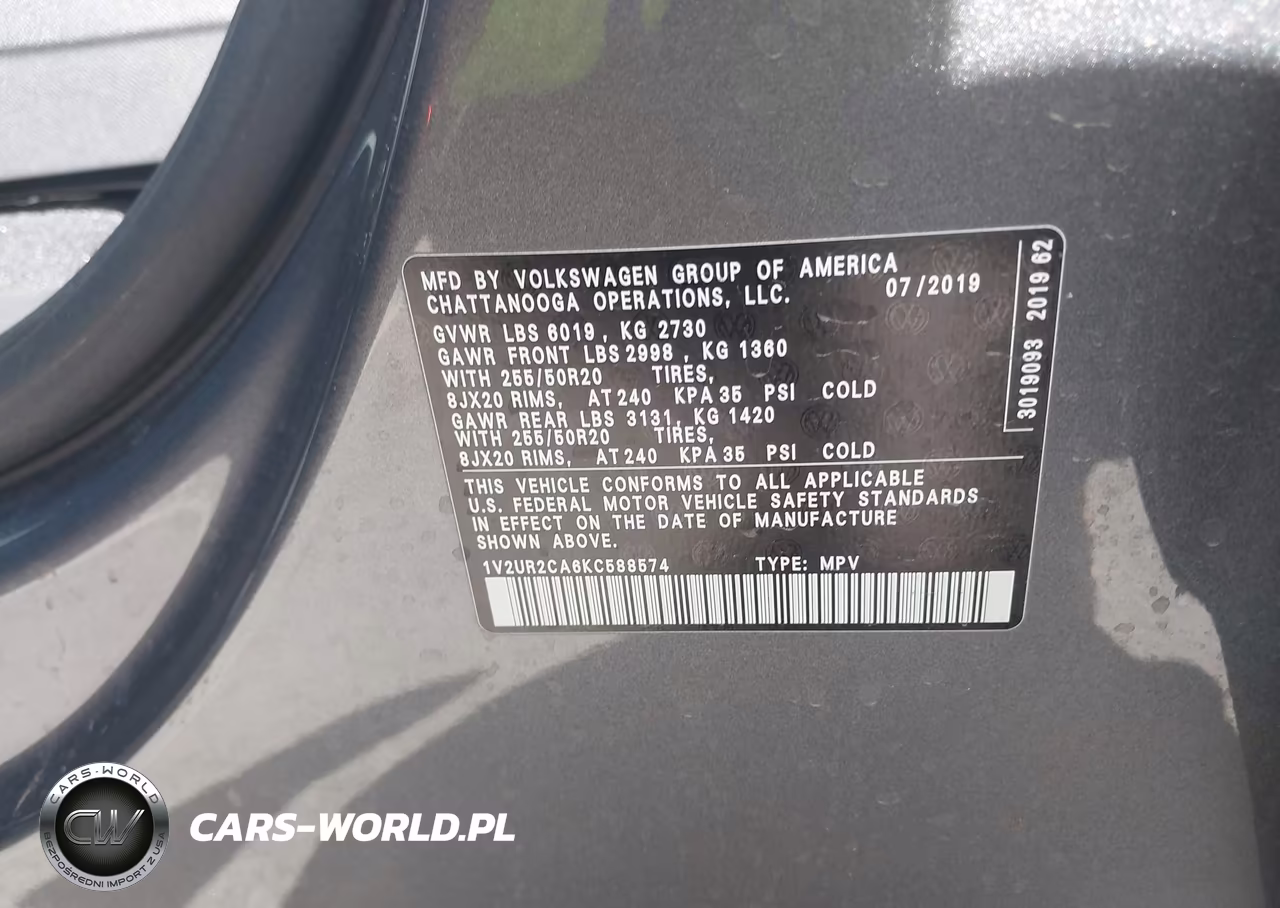 2019 Volkswagen Atlas 3.6L V6 Se W-Technology VIN:1V2UR2CA6KC588574 - 9