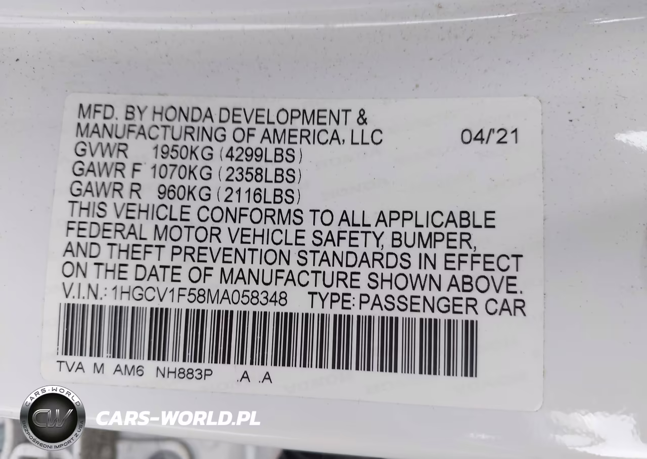 2021 Honda Accord Ex-L VIN:1HGCV1F58MA058348 - 9