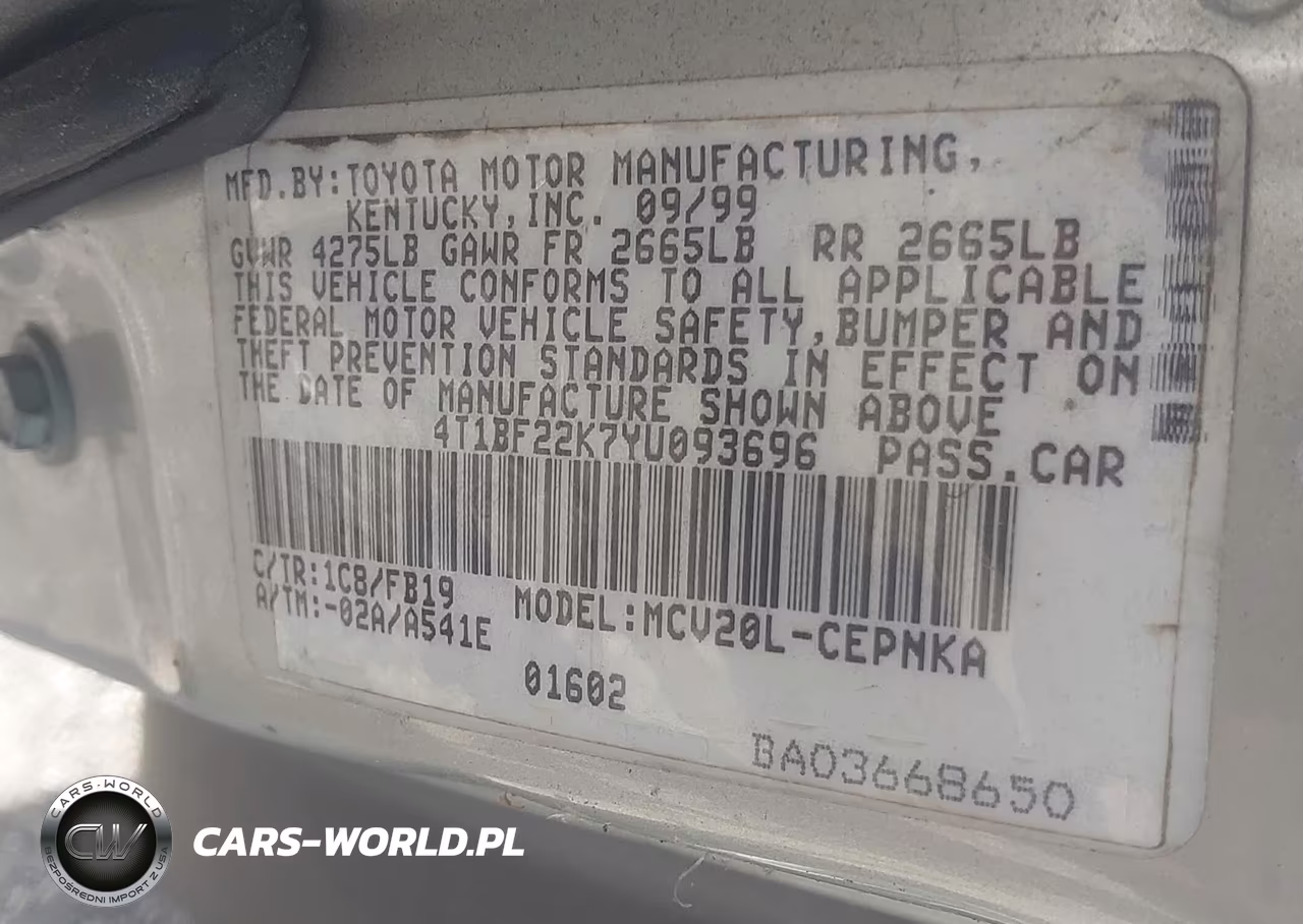 2000 Toyota Camry Le V6 VIN:4T1BF22K7YU093696 - 9