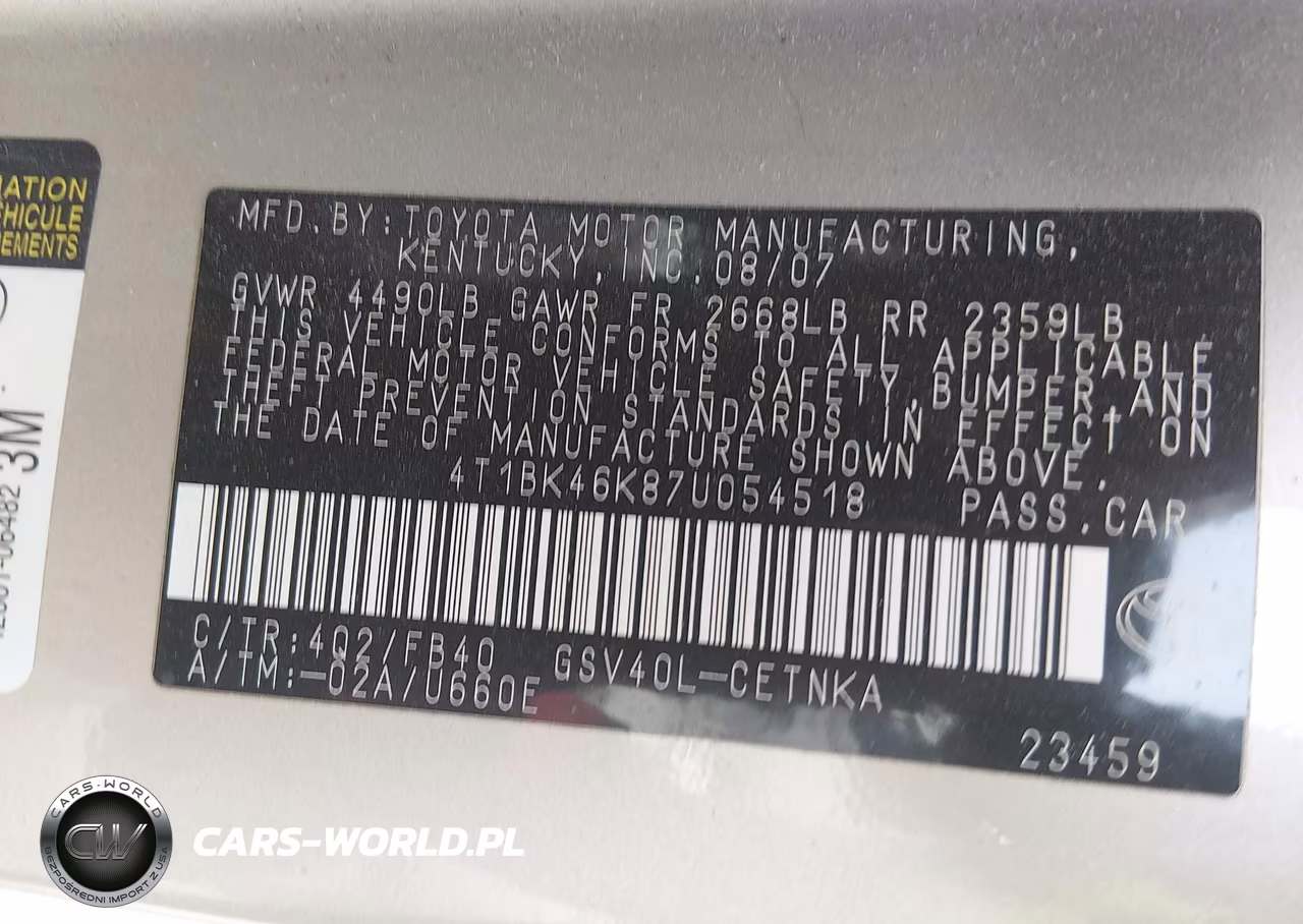 2007 Toyota Camry Le V6 VIN:4T1BK46K87U054518 - 9