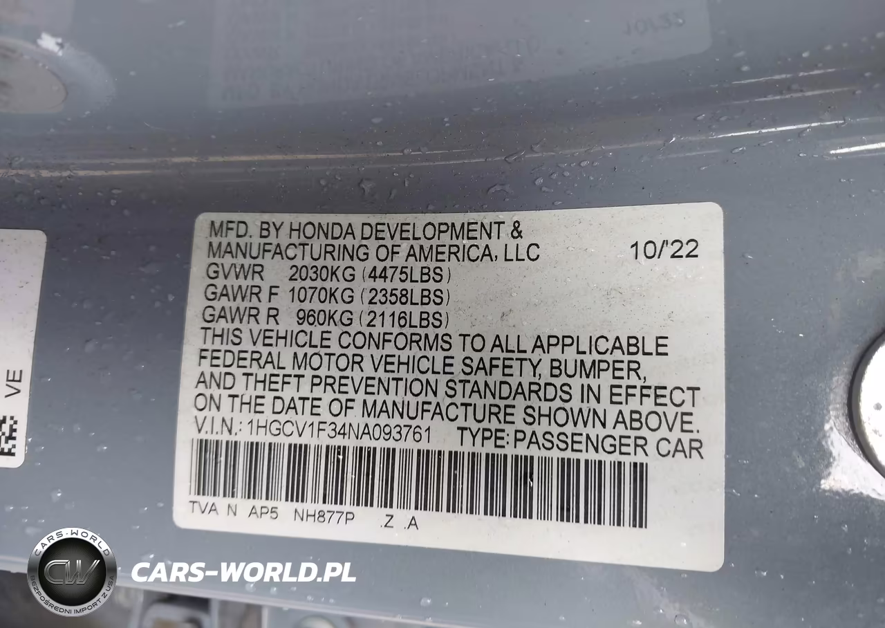 2022 Honda Accord Sport VIN:1HGCV1F34NA093761 - 9
