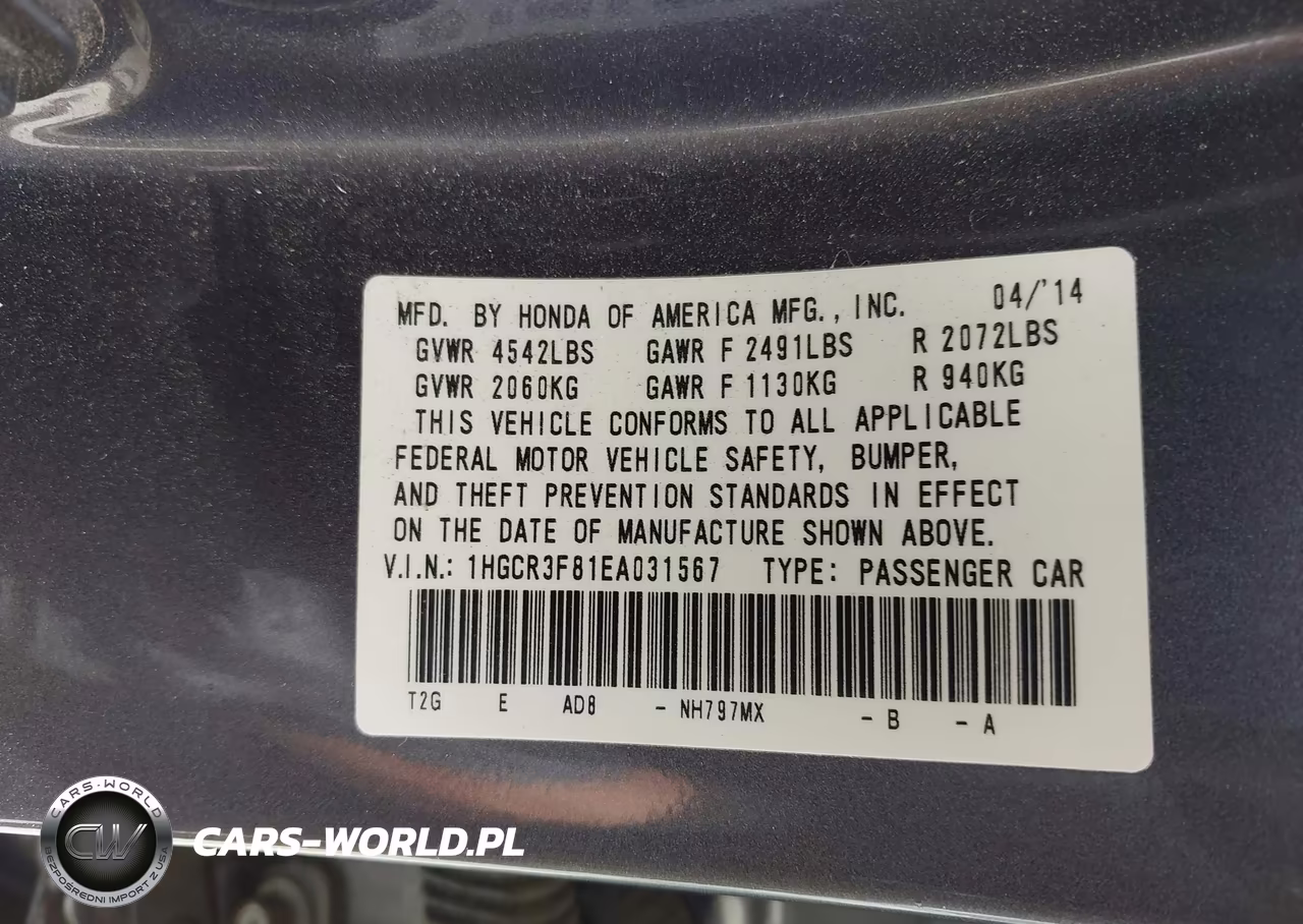 2014 Honda Accord Ex-L V-6 VIN:1HGCR3F81EA031567 - 9