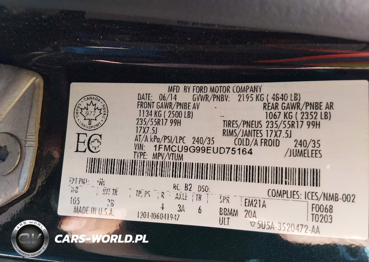 2014 Ford Escape Se VIN:1FMCU9G99EUD75164 - 9