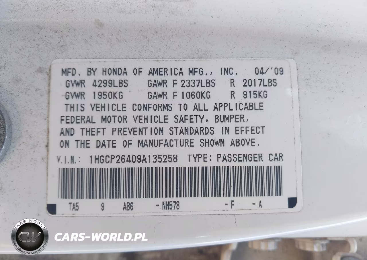 2009 Honda Accord 2.4 Lx-P VIN:1HGCP26409A135258 - 9
