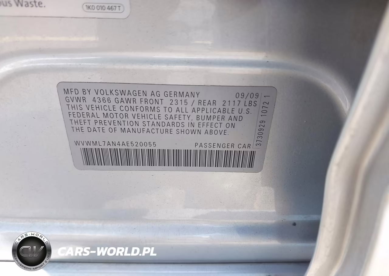 2010 Volkswagen Cc Sport VIN:WVWML7AN4AE520055 - 9