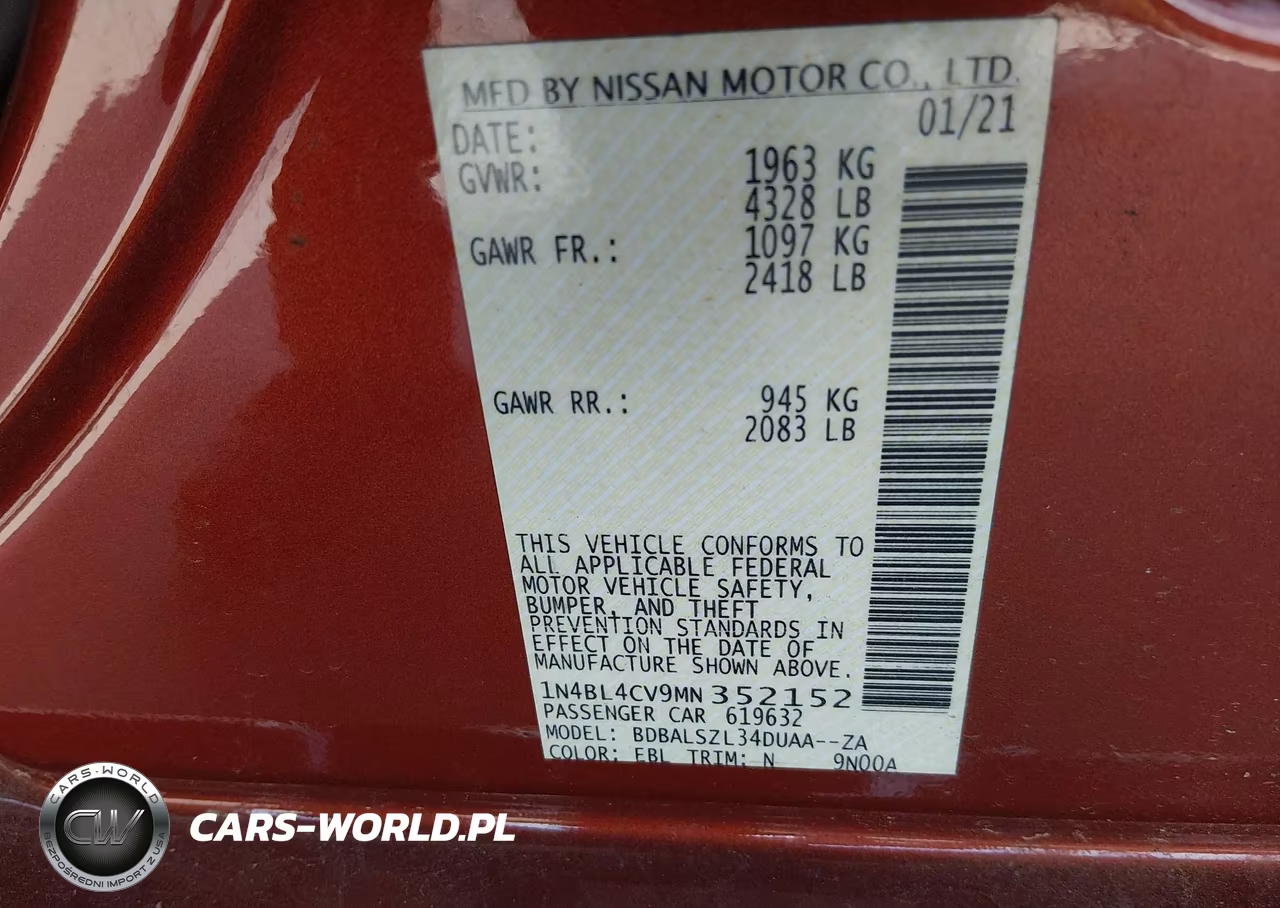 2021 Nissan Altima Sr Fwd VIN:1N4BL4CV9MN352152 - 9