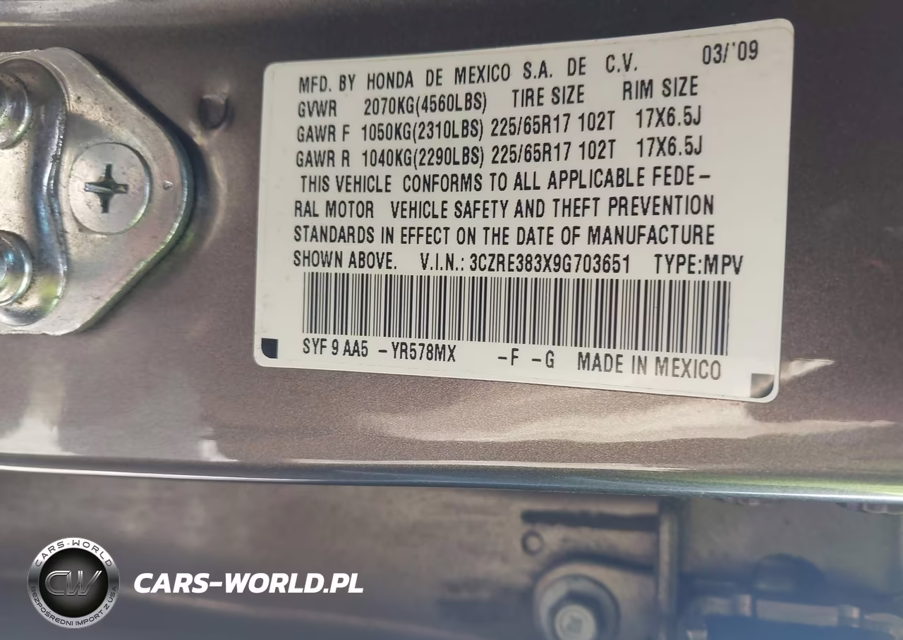 2009 Honda Cr-V Lx VIN:3CZRE383X9G703651 - 9