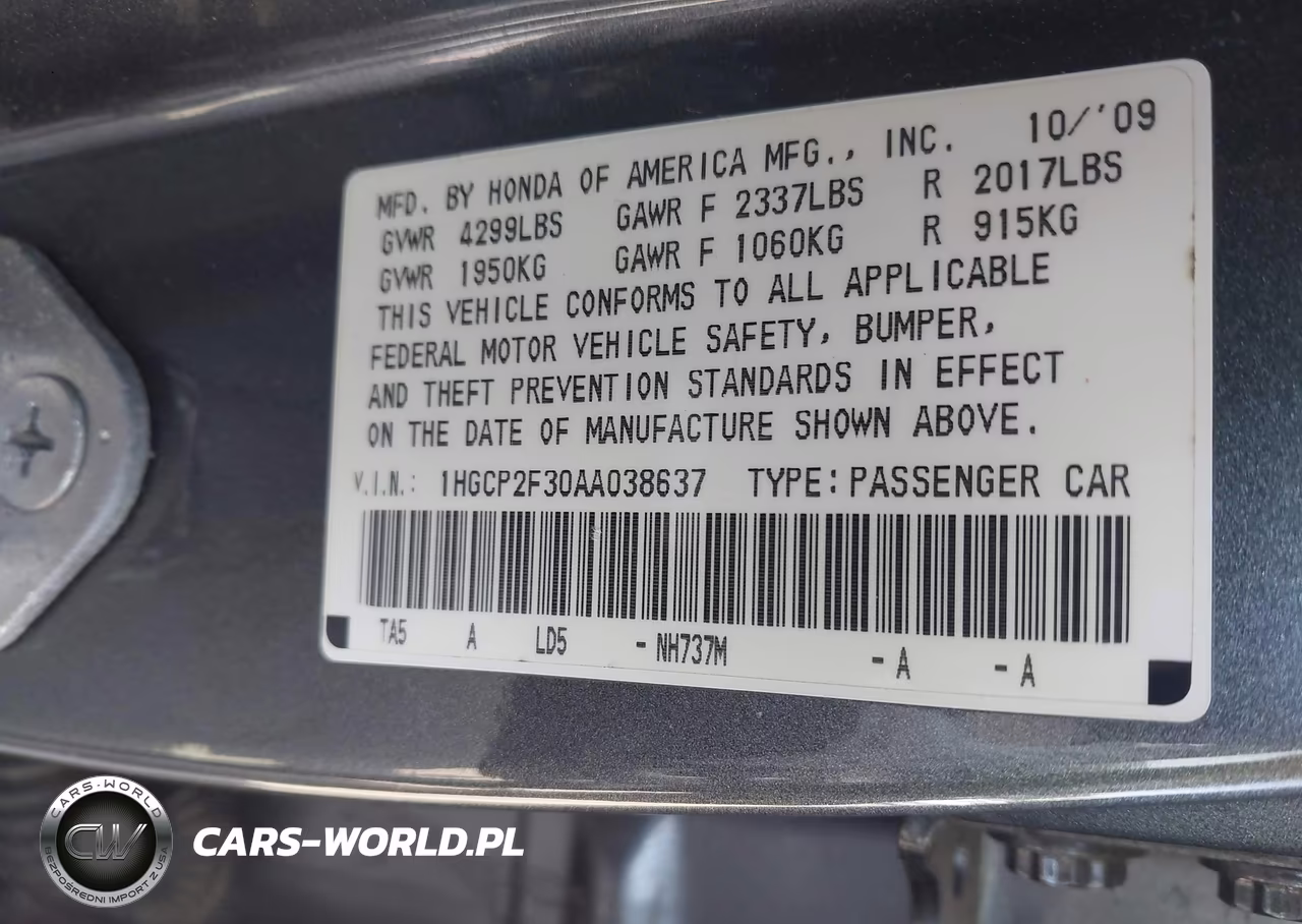 2010 Honda Accord 2.4 Lx VIN:1HGCP2F30AA038637 - 9
